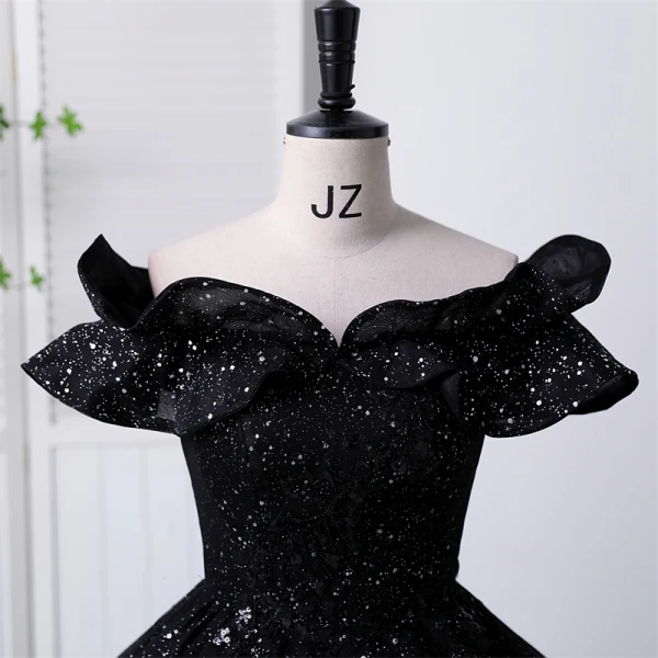 Elegant Black Sequins Prom Dresses Ball Gown 2023 Off-The-Shoulder Short Sleeve Backless Floor-Length / Long Formal Dresses