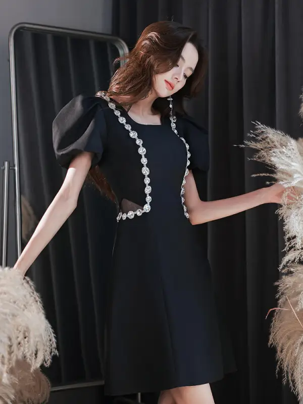 Audrey Hepburn Style Black Rhinestone Evening Dresses Party Dresses 2022 A-Line / Princess Square Neckline Puffy Short Sleeve Knee-Length Evening Party Formal Dresses