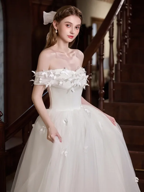 Leichtes Weiß Perle Schmetterling Brautkleider / Hochzeitskleider 2025 A Linie Off Shoulder Kurze Ärmel Rückenfreies Lange