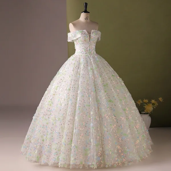 Flower Fairy Multi-Colors Appliques Sequins Ivory Prom Dresses 2024 Ball Gown Off-The-Shoulder Sleeveless Backless Floor-Length / Long Prom Formal Dresses