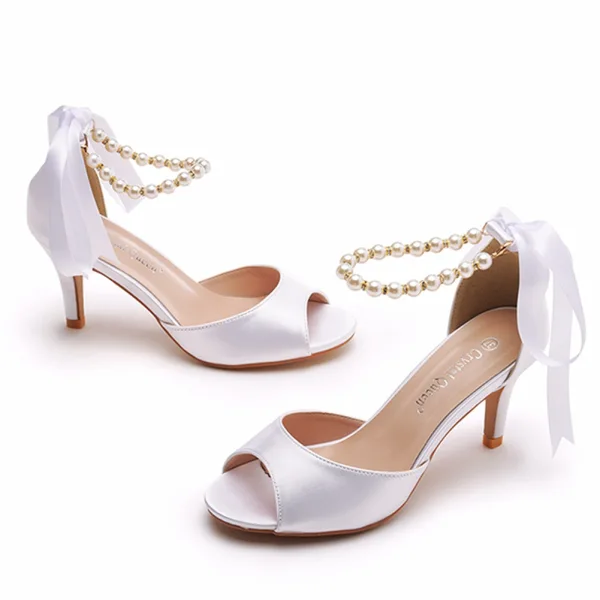 Elegante Weiß Perle Brautschuhe 2024 Knöchelriemen Schleife 7 cm Stilettos Spitzschuh Hochzeit Sandaletten Hochhackige