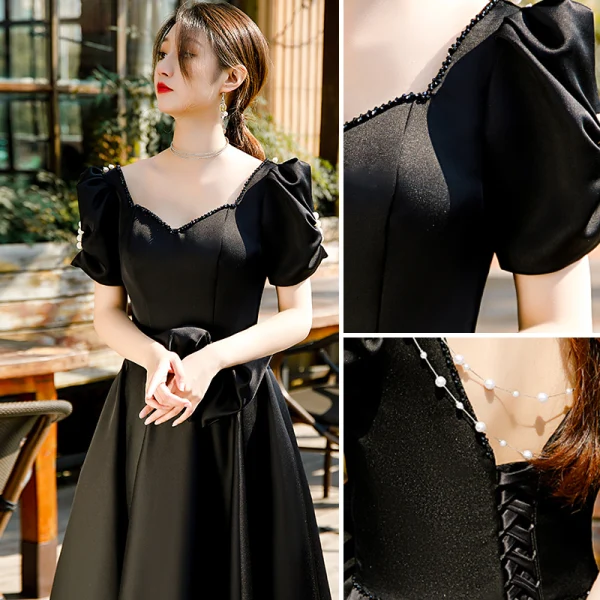 Élégant Noire Robe De Bal 2022 Princesse Encolure Carrée Noeud Gonflée Manches Courtes Dos Nu Longue Promo Robe De Ceremonie