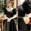 Élégant Noire Robe De Bal 2022 Princesse Encolure Carrée Noeud Gonflée Manches Courtes Dos Nu Longue Promo Robe De Ceremonie
