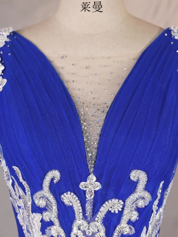 Vintage / Retro Royal Blue Beading Pearl Rhinestone Prom Dresses 2025 Ball Gown V-Neck Sleeveless Backless Floor-Length / Long Formal Dresses