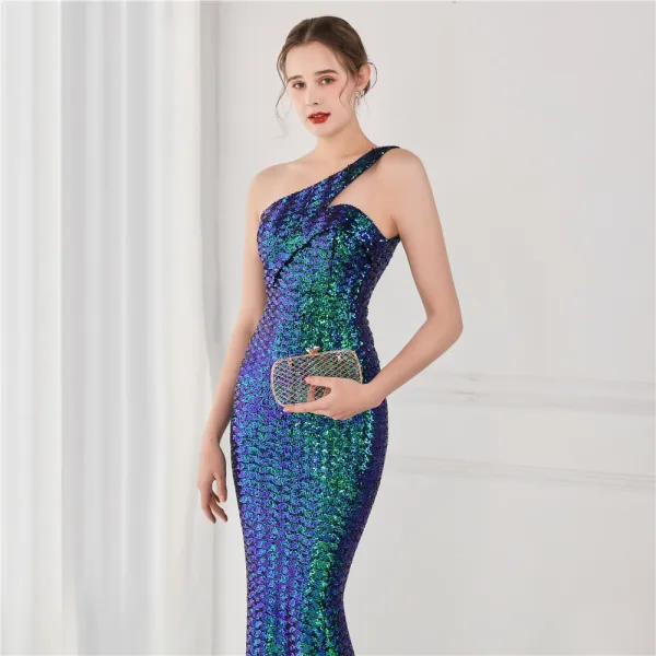 Sparkly Beige Sequins Evening Dresses 2022 A-Line / Princess One-Shoulder Sleeveless Backless Floor-Length / Long Evening Party Formal Dresses