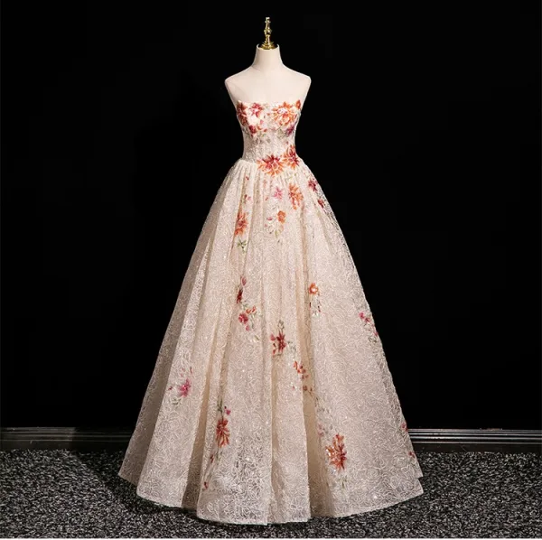 Chic / Belle Champagne Paillettes En Dentelle Fleur Robe De Bal 2025 Princesse De l'épaule Manches Courtes Dos Nu Longue Tulle Robe De Ceremonie