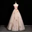 Chic / Belle Champagne Paillettes En Dentelle Fleur Robe De Bal 2025 Princesse De l'épaule Manches Courtes Dos Nu Longue Tulle Robe De Ceremonie