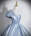 Chic / Beautiful Sky Blue Prom Dresses 2026 Ball Gown One-Shoulder Short Sleeve Backless Floor-Length / Long Formal Dresses