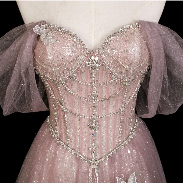 Charmant Bling Bling Rougissant Rose Perlage Faux Diamant Paillettes Robe De Bal 2025 Princesse De l'épaule Manches Courtes Dos Nu Longue Promo Robe De Ceremonie