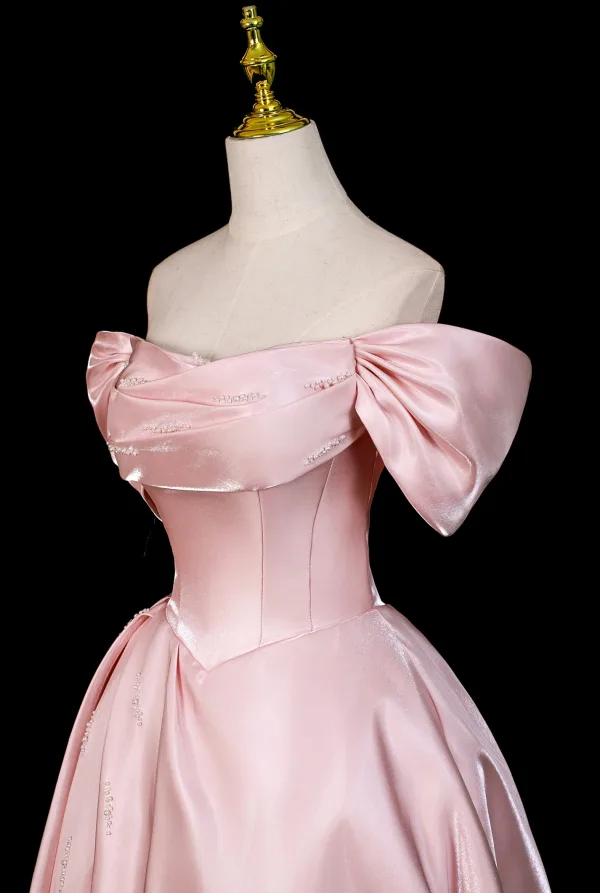 Chic / Beautiful Blushing Pink Pearl Satin Prom Dresses 2025 A-Line / Princess Off-The-Shoulder Short Sleeve Backless Floor-Length / Long Formal Dresses