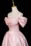 Chic / Beautiful Blushing Pink Pearl Satin Prom Dresses 2025 A-Line / Princess Off-The-Shoulder Short Sleeve Backless Floor-Length / Long Formal Dresses
