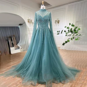 Haut De Gamme Élégant Vert Citron Fait Main Perlage Paillettes Robe De Bal 2024 Princesse Col Haut Manches Longues Train De Balayage Promo Robe De Ceremonie
