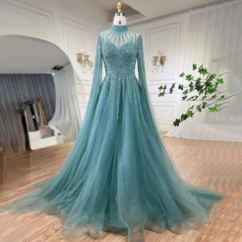 Haut De Gamme Élégant Vert Citron Fait Main Perlage Paillettes Robe De Bal 2024 Princesse Col Haut Manches Longues Train De Balayage Promo Robe De Ceremonie