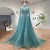 High-end Elegant Mint Green Handmade  Beading Sequins Prom Dresses 2024 A-Line / Princess High Neck Long Sleeve Sweep Train Prom Formal Dresses