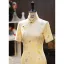 Chinese style Yellow Printing Prom Cheongsam 2025 Trumpet / Mermaid Silk High Neck Short Sleeve Tea-length
