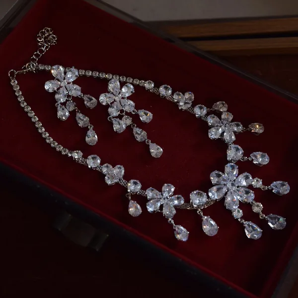 Charmant Witte Rhinestone Zirkonium Huwelijk Oorbellen Nek Ketting Accessoires 2025