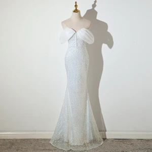 Scintillantes Blanche Perlage Paillettes Robe De Soirée 2022 Trompette Sirène Bustier Sans Manches Dos Nu Longue Robe De Ceremonie