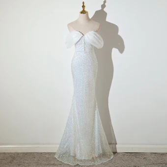Scintillantes Blanche Perlage Paillettes Robe De Soirée 2022 Trompette Sirène Bustier Sans Manches Dos Nu Longue Robe De Ceremonie