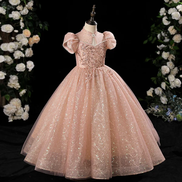 Chic / Beautiful Champagne Beading Pearl Sequins Birthday Flower Girl Dresses 2024 Ball Gown High Neck Short Sleeve Floor-Length / Long