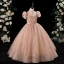 Chic / Beautiful Champagne Beading Pearl Sequins Birthday Flower Girl Dresses 2024 Ball Gown High Neck Short Sleeve Floor-Length / Long