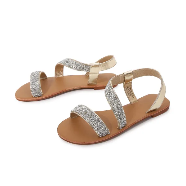 Piękne Srebrny Plaża Lato Rhinestone Płaskie Pantofle & Klapki Sandały Damskie 2022 Peep Toe