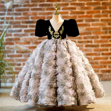 Fashion Black Appliques Birthday Flower Girl Dresses 2024 Ball Gown Scoop Neck Puffy Short Sleeve Floor Length Long