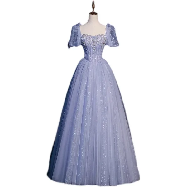Chic / Beautiful Lavender Beading Sequins Prom Dresses 2023 A-Line / Princess Square Neckline Short Sleeve Bow Backless Floor-Length / Long Prom Formal Dresses