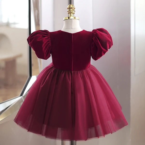 Chic / Beautiful Burgundy Suede Birthday Short Flower Girl Dresses 2022 Ball Gown Square Neckline Puffy Short Sleeve Bow Flower Girl Dresses