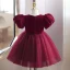 Chic / Beautiful Burgundy Suede Birthday Short Flower Girl Dresses 2022 Ball Gown Square Neckline Puffy Short Sleeve Bow Flower Girl Dresses