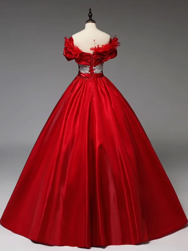 Elegant Red Appliques Sequins Satin Prom Dresses 2025 Ball Gown Off-The-Shoulder Short Sleeve Backless Bow Sash Floor-Length / Long Formal Dresses