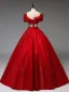Elegant Red Appliques Sequins Satin Prom Dresses 2025 Ball Gown Off-The-Shoulder Short Sleeve Backless Bow Sash Floor-Length / Long Formal Dresses