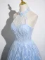 Bling Bling Himmelblau Perlenstickerei Pailletten Ballkleider 2025 A Linie Neckholder Ärmellos Rückenfreies Lange Ball Festliche Kleider