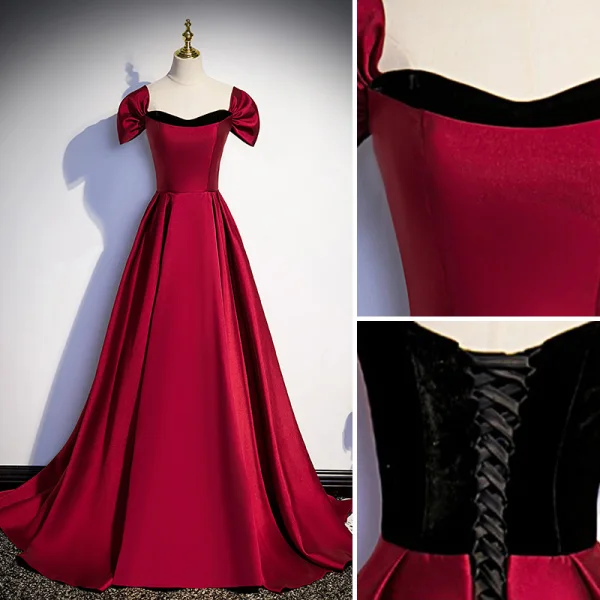 Elegant Burgundy Satin Prom Dresses A-Line / Princess 2023 Strapless Short Sleeve Backless Floor-Length / Long Prom Formal Dresses