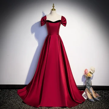 Elegant Burgundy Satin Prom Dresses A Line Princess 2023 Strapless Short Sleeve Backless Floor Length Long Prom Formal Dresses