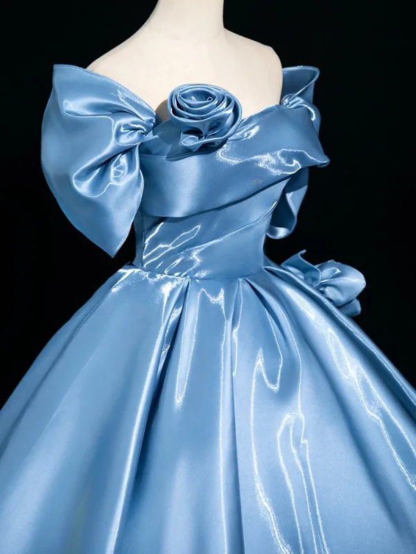 Elegant Pool Blue Appliques Prom Dresses 2025 Ball Gown Off-The-Shoulder Short Sleeve Backless Floor-Length / Long Formal Dresses
