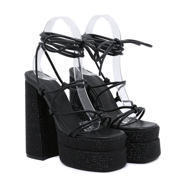 Römisch Schwarz Abend Sandalen Damen 2023 Knöchelriemen 14 cm Thick Heels Wasserdichte Peeptoes Sandaletten Hochhackige