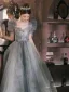 Chic / Beautiful Grey Sequins Prom Dresses 2026 A-Line / Princess V-Neck Puffy Short Sleeve Backless Floor-Length / Long Formal Dresses