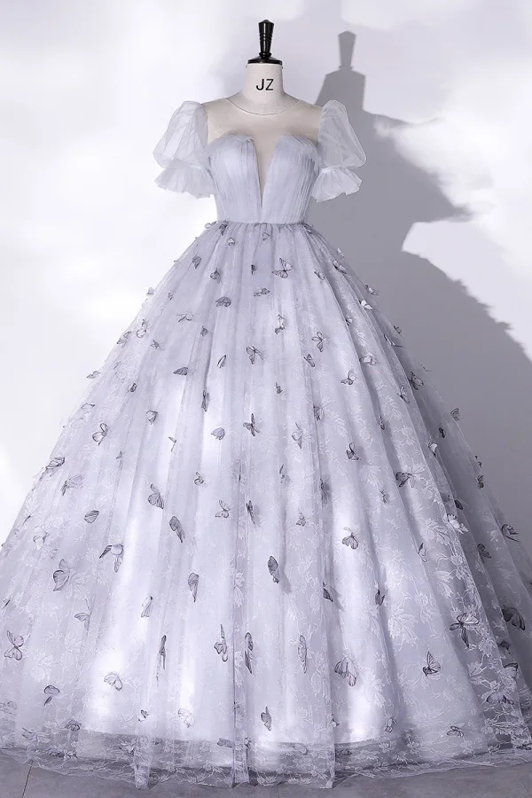 Elegant Grey Butterfly Prom Dresses 2022 Ball Gown Scoop Neck Puffy Short Sleeve Floor-Length / Long Prom Formal Dresses
