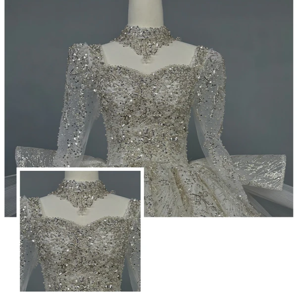 Scintillantes Blanche Perlage Glitter Paillettes Robe De Mariée 2024 Robe Boule Encolure Carrée Manches Longues Dos Nu Longue Mariage