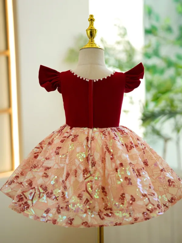Chic / Beautiful Burgundy Pearl Sequins Short Flower Girl Dresses 2023 Ball Gown Birthday Scoop Neck Sleeveless Backless
