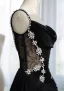 Charmant Noire Faux Diamant En Dentelle Fleur Robe De Soirée 2026 Princesse Bretelles Spaghetti Sans Manches Dos Nu Longue Soirée Robe De Ceremonie