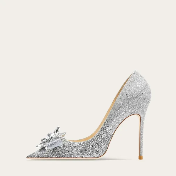 Glittrande Silver Kristall Paljetter Brudskor 2024 10 cm Stilettklackar Spetsiga Bröllop Pumps Högklackade