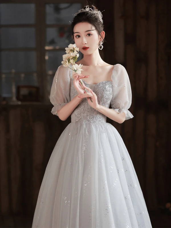 Chic / Beautiful Grey Beading Prom Dresses 2024 Ball Gown Square Neckline Short Sleeve Backless Floor-Length / Long Prom Formal Dresses