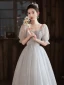 Chic / Beautiful Grey Beading Prom Dresses 2024 Ball Gown Square Neckline Short Sleeve Backless Floor-Length / Long Prom Formal Dresses