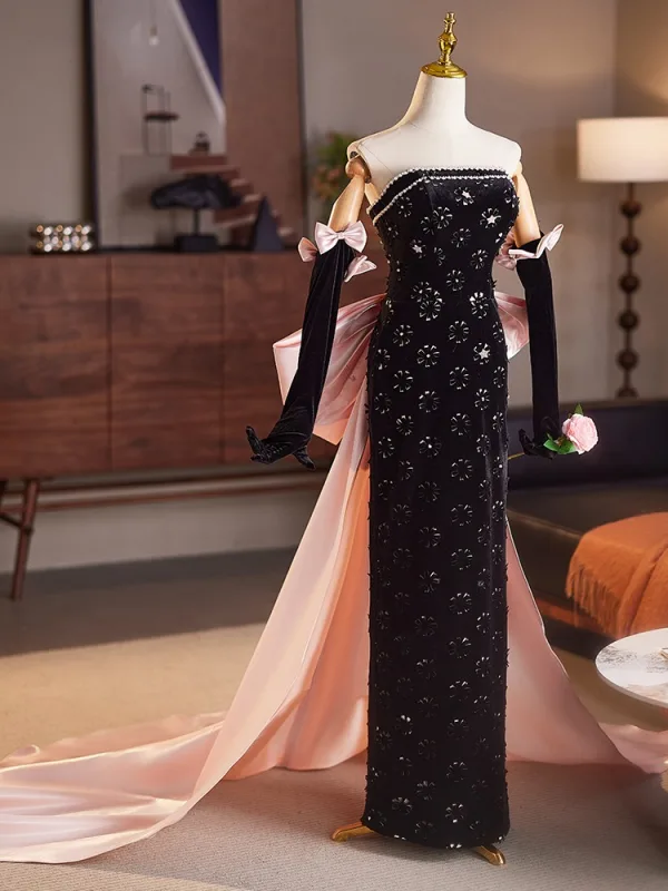 Sexy Noire Faux Diamant Robe De Soirée 2025 Trompette / Sirène Bustier Manches Longues Dos Nu Noeud Longue Soirée Robe De Ceremonie