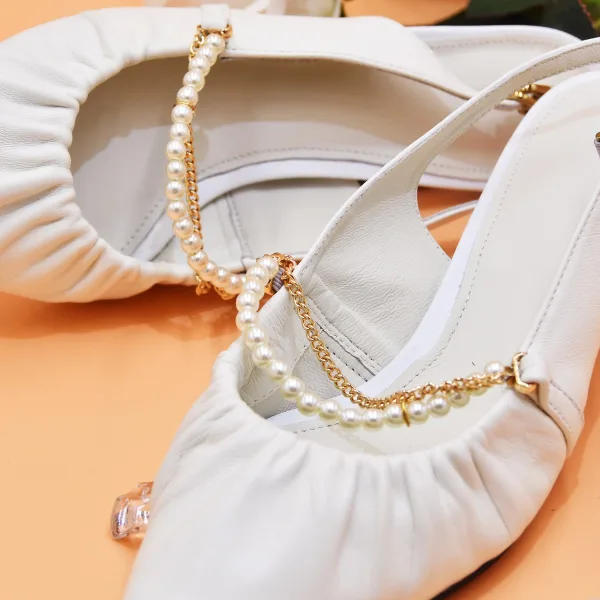 Chic / Beautiful White Leather Pearl Wedding Shoes 2022 5 cm Stiletto Heels Pointed Toe Wedding High Heels