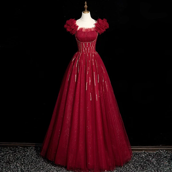 Charming Burgundy Beading Sequins Evening Dresses 2023 A-Line / Princess Puffy Off-The-Shoulder Short Sleeve Backless Floor-Length / Long Evening Party Formal Dresses