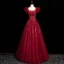 Charming Burgundy Beading Sequins Evening Dresses 2023 A-Line / Princess Puffy Off-The-Shoulder Short Sleeve Backless Floor-Length / Long Evening Party Formal Dresses