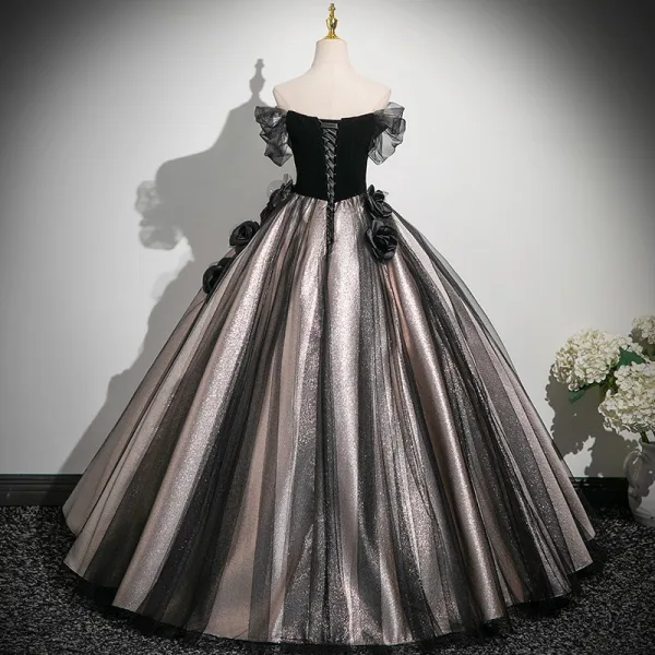 Elegant Black Prom Dresses Ball Gown Appliques 2025 Strapless Sleeveless Backless Floor-Length / Long Prom Formal Dresses