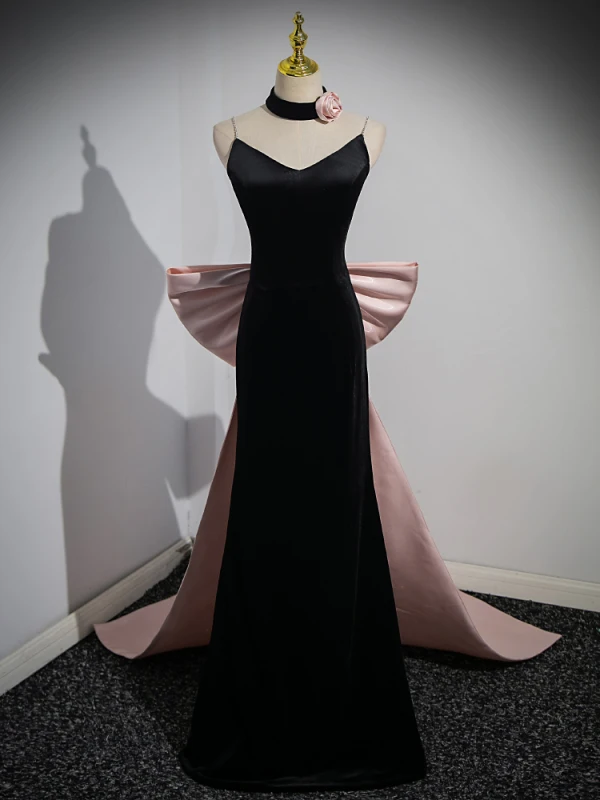Sexy Noire Robe De Soirée 2023 Trompette / Sirène Bretelles Spaghetti Gonflée Manches Courtes Dos Nu Noeud Train De Balayage Soirée Robe De Ceremonie